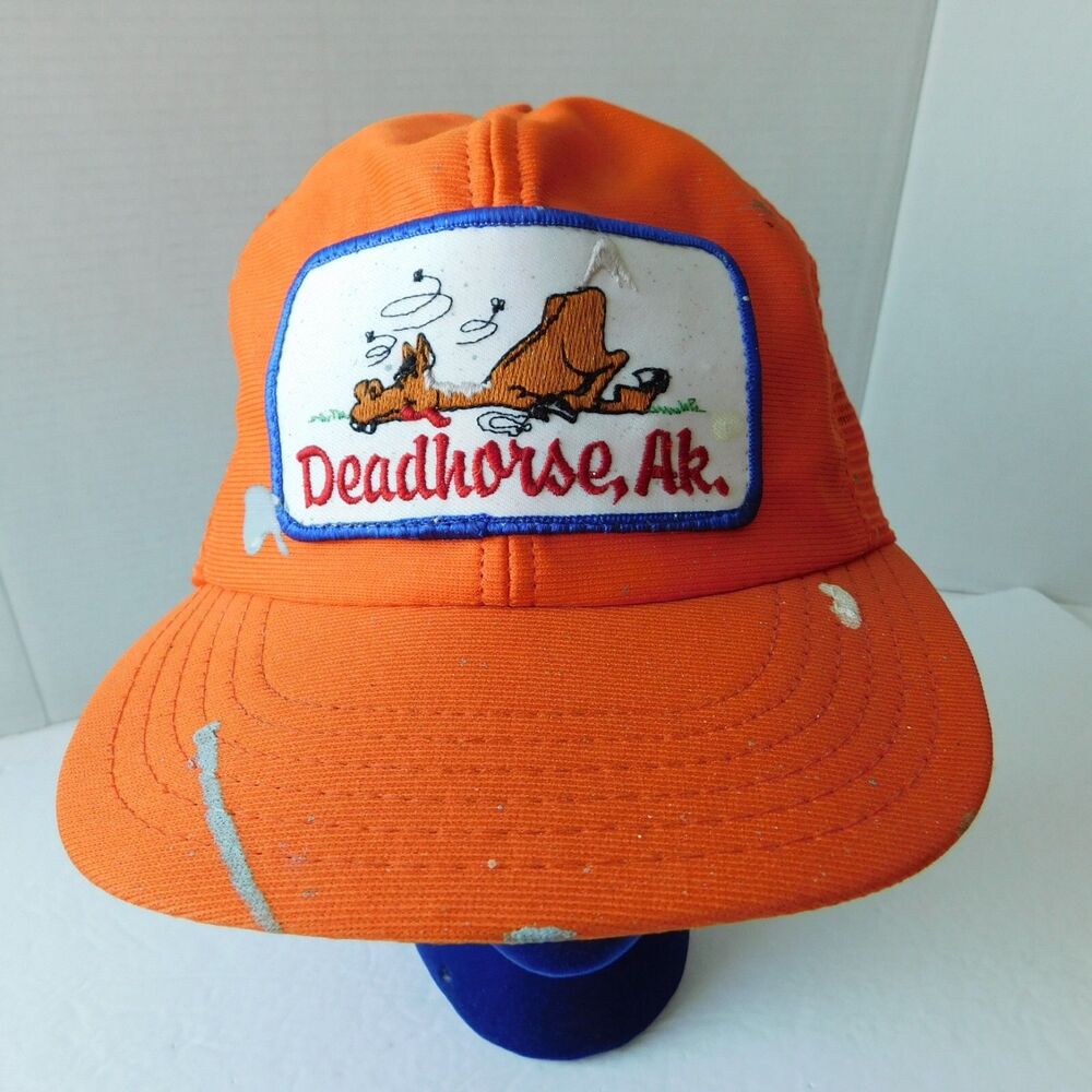 Deadhorse, Alaska Trucker Mesh Snapback Baseball Hat Cap Vintage 70s Orange USA